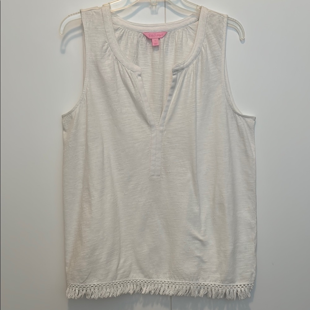 Lilly Pulitzer 100% Cotton Pure White Sleeveless Top with Fringe Hem